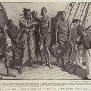 A Sale of a Living Head, a Scene on Board Ship off the Coast of New Zealand Seventy Years ago (litho)