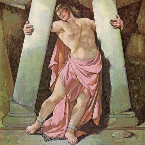 Samson Breaking the Pillars of the Temple (colour litho)