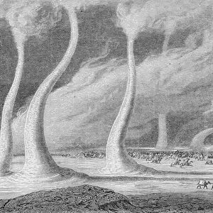 Sand pillars in the desert (engraving)