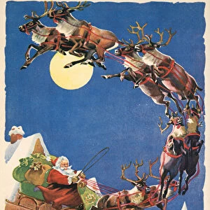 Santas Sleigh and Reindeer Flying in the Night Sky on Christmas Eve