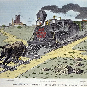 Satirical allegorical vignette: the bull symbol of capitalism tries to stop the train of