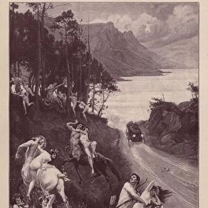 Satyrs and nymphs frightened by a motor car (engraving)