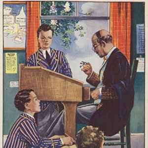 Schoolteacher summoning one of his pupils to his desk (colour litho)