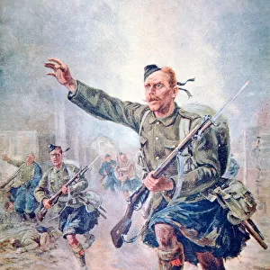 Scots Highlander wearing a kilt in battle on the Western Front (colour litho)