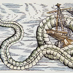 Sea serpent attacks a ship, 1598 (coloured woodcut)