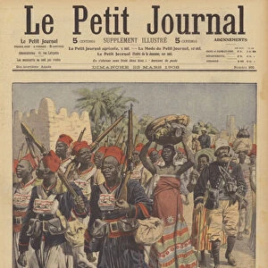 Senegalese tirailleurs on their way to reinforce French troops in Morocco (colour litho)