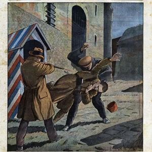 Sentinel of the Citadel of Verdun is attacked and finds wounded on the ground. Engraving in "Le petit Journal Illustre", on 26 / 05 / 1929