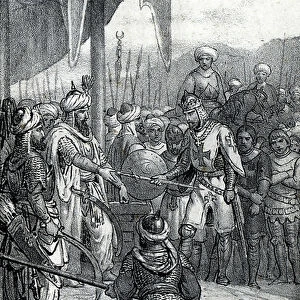 Seventh Crusade: King Louis IX was taken prisoner at the Battle of Fariskur on 6 April 1250 (Seventh Crusade: King Louis IX prisoner at the Battle of Fariskur, 6th April 1250) Drawing from "Misteri del Vaticano" by Franco Mistrali, 1866
