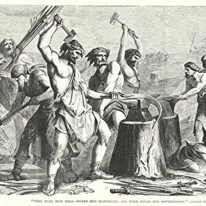 They shall beat their swords into plowshares, and their spears into pruninghooks, Isaiah II, 4 (engraving)