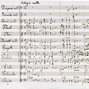 Sheet music page of the Symphony n. 1 in C major by Ludwig van Beethoven (engraving)