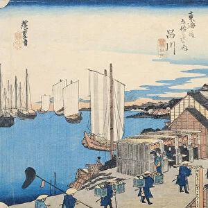 Shinagawa: departure of a Daimyo, in later editions called Sunrise, No. 2 from the series 53 Stations of the Tokaido ('Tokaido gojusan tsugi no uchi'), pub. by Hoeido, 1834-35 (colour woodblock print)