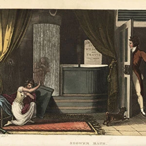 Shower Bath: women taking a cold shower in a bathroom hiding their modesty from a male intruder, 19th century. Handcoloured copperplate engraving by Thomas Rowlandson, aquatint by J. C. Stadler, after a sketch by J