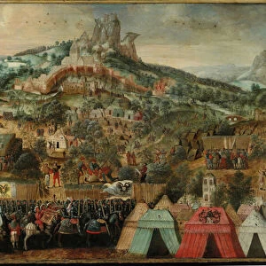 A siege at Therouanne, with an army led by Charles V encamped below the city