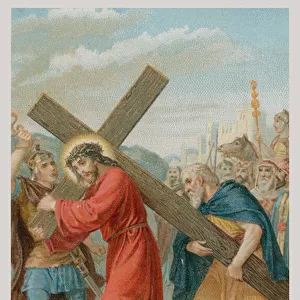 Simon of Cyrene helps Jesus to carry the cross. The fifth Station of the Cross (chromolitho)