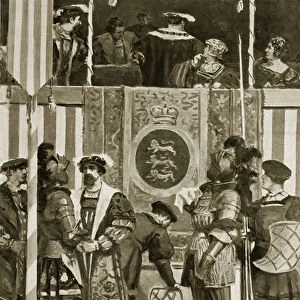 Sir Henry Norris picks up Anne Boleyns handkerchief, illustration from Hutchinsons Story of the British Nation, c. 1923 (litho)