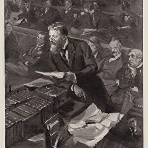 Sir Michael Hicks-Beach, the Chancellor of the Exchequer, making his Budget Speech (litho)