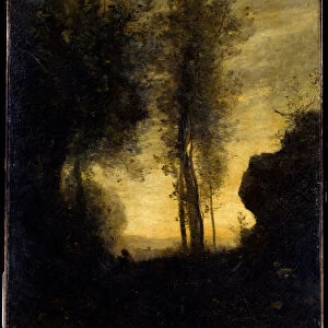 Sitting goat playing flute in a clearing. Painting by Camille Corot (1796-1875), 1856