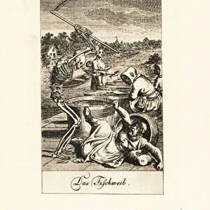The skeleton of Death slashes a fishwife with a scythe. 1792. 1926 (engraving)