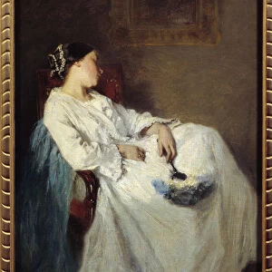 Sleeping Seated Woman Painting by Octave Tassaert (1800-1874) 19th century Sun