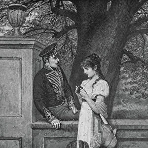 Soldier flirting with a young woman who wants to go for a walk with her dog, 1887, Historic