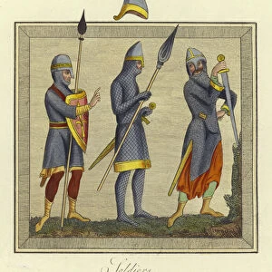 Soldiers of the 11th and 12th Century (coloured engraving)