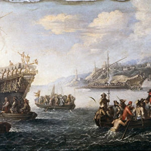 Soldiers embarking to fight the Turks in the harbour of Genoz (Painting, 17th century)