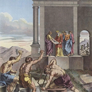 Solomon overseeing the building of the Temple of Jerusalem (colour litho)