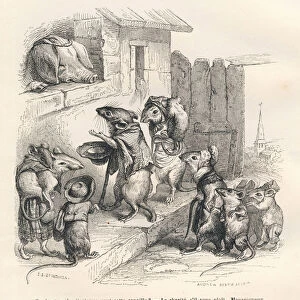 Souris faisant la charite a un cochon. Vignettes illustrees par JJ Granville