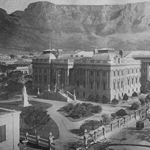 South Africa: Parliament House and Table Mountain, Cape Town (b / w photo)
