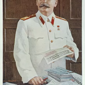 Soviet poster of Stalin reading a telegram, 1949 (colour litho)