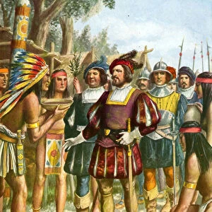 Spaniards being welcomed by a Indian chief who offers them cakes, fruit and wine