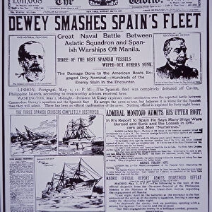 Spanish-American War 1898, victory headline on New York World newspaper, Dewey wins
