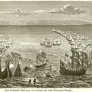The Spanish Armada attacked by the English Fleet (engraving)