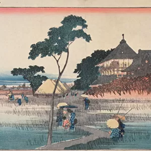 The Spiral Hall of the Temple of the Five Hundred Arhats, from the series Famous Places in Edo, 1830s (colour woodblock print)