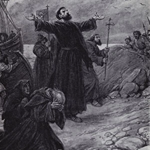 St Augustine arriving in Kent, AD 597 (litho)