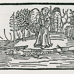St. Brendan on the fish island, illustration from The Voyage of St. Brendan