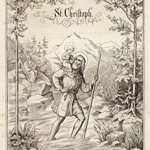 St Christopher, patron saint of travellers, carrying the infant Christ across the river (engraving)