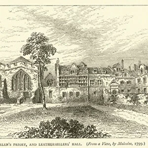 St Helens Priory, and Leathersellers Hall, from a view, by Malcolm, 1799 (engraving)