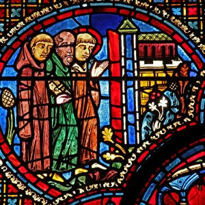 The St Lubin window: he arrives at a church with two monks (w45) (stained glass)