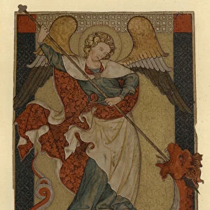 St Michael the Archangel defeating Satan depicted as a dragon (colour litho)