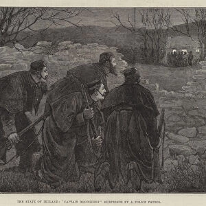 The State of Ireland, "Captain Moonlight"surprised by a Police Patrol (engraving)