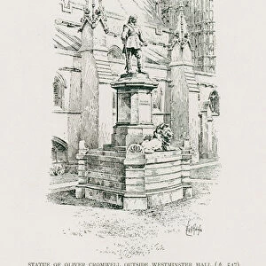 Statue of Oliver Cromwell outside Westminster Hall (litho)