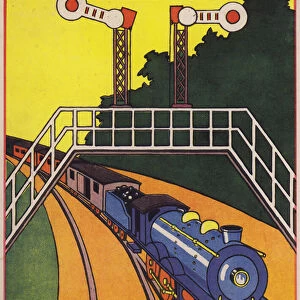 Steam locomotive hauling a train beneath signals on an overhead gantry (colour litho)