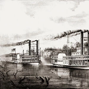 Steamboats racing on the Mississippi river, USA