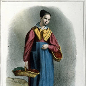 Strawberry saleswoman. Engraving from "Costumi milanesi di Locarno