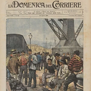 Strike of coal unloading workers in the port of Savona (colour litho)