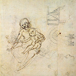 Studies for a Virgin and Child and of Heads in Profile and Machines, c. 1478-80 (pencil