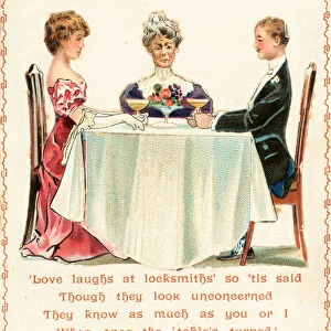 Three Sullen People sitting around the table, Christmas Card (chromolitho)