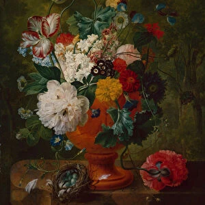 Summer Flowers in an Urn with a Bird Nest on a Marble Ledge (oil on canvas)