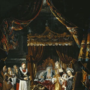 A Sumptuous Interior with a Family Celebrating the Birth of a Child, (oil on panel)
